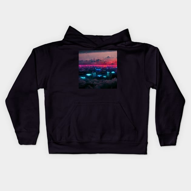 High Sphere - Cyberpunk Cityscape Skyline Kids Hoodie by ArkMinted